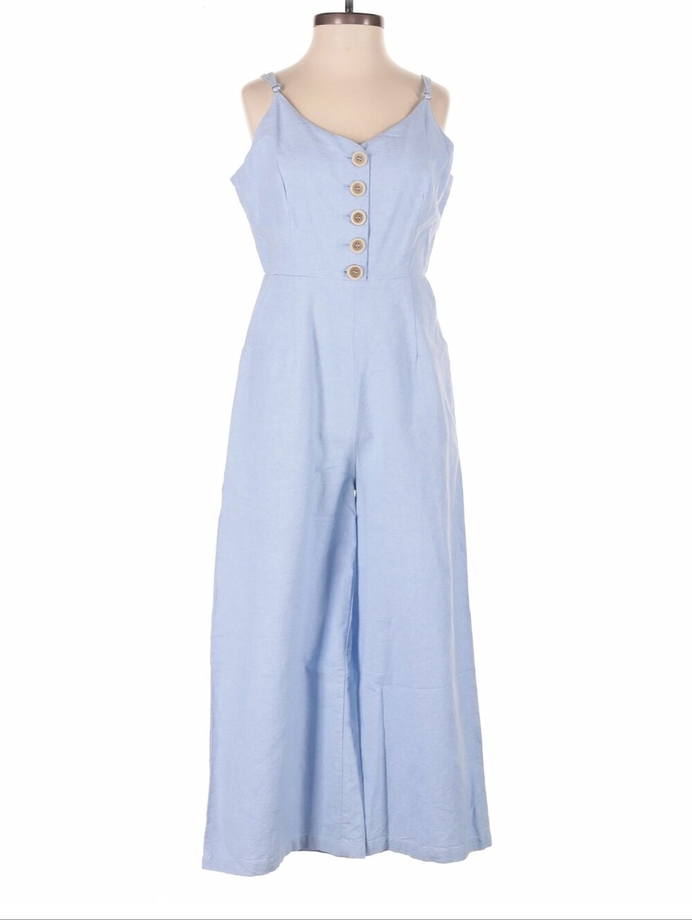 Kittenish Light Blue Button Front Wide Leg Cropped Jumpsuit
